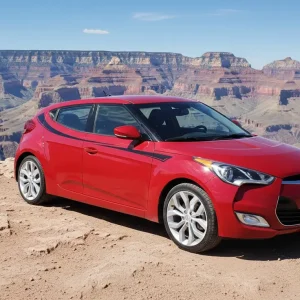 red Hyundai veloster with black performance graphics at the Grand Canyon